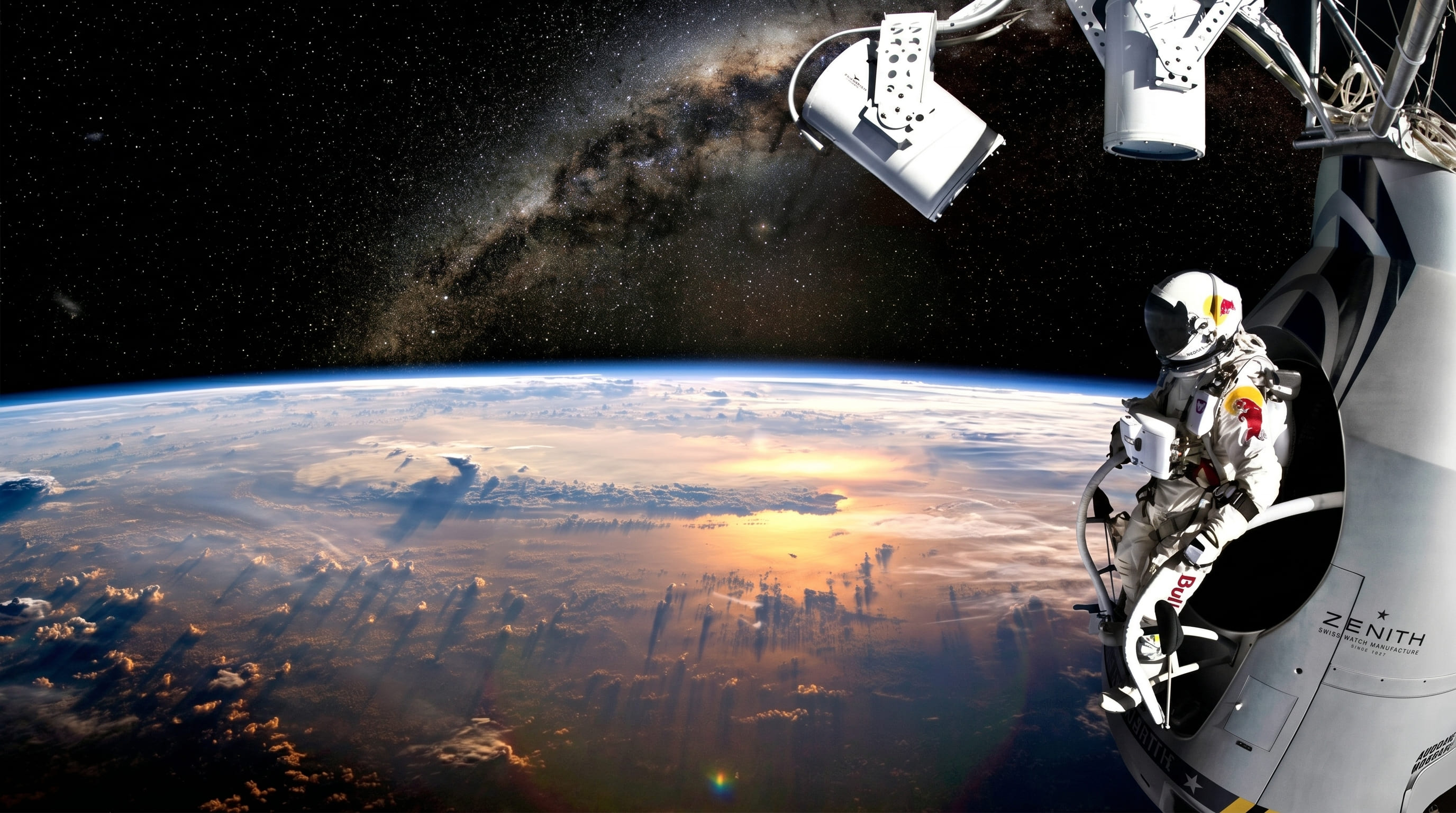 Vast blue sky with clouds seen from high altitude, the curvature of the earth visible at the horizon