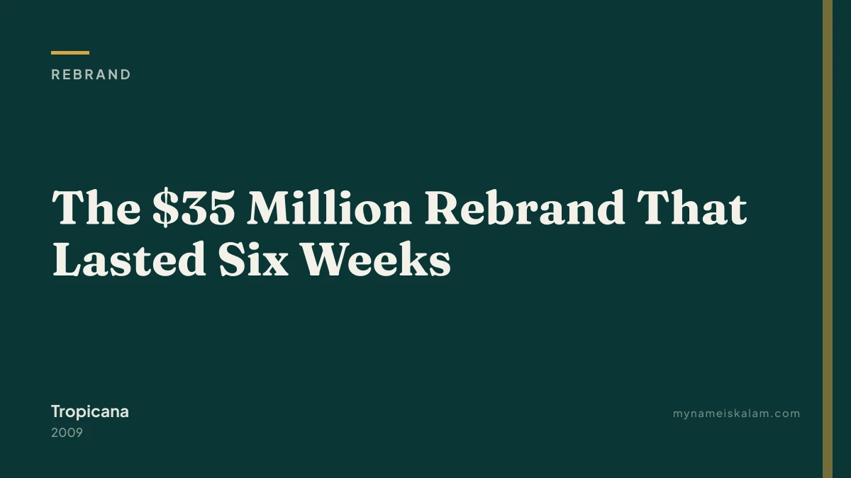 “The $35 Million Rebrand That Lasted Six Weeks” — Tropicana rebrand case study title card (2009)